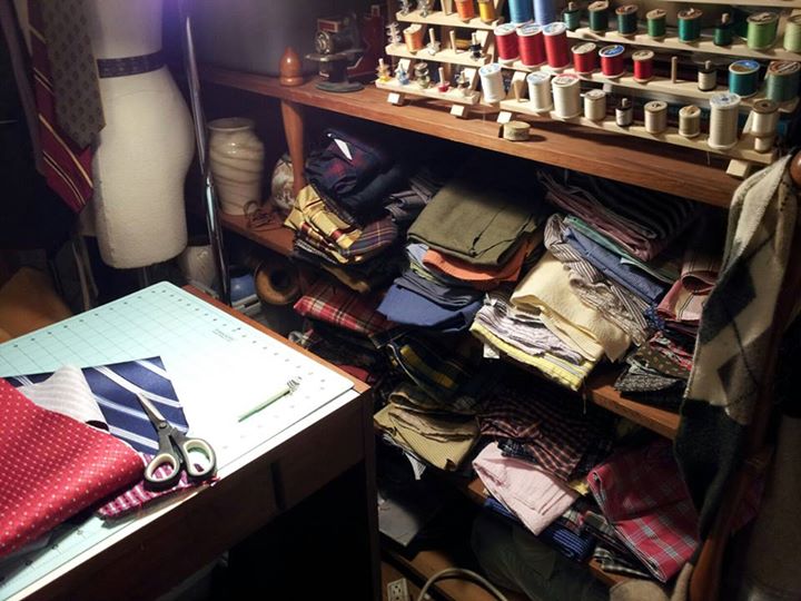 Stacks of reclaimed fabrics waiting to become Titanic Alley bowties. Stacks of reclaimed fabrics waiting to become Titanic Alley bowties.