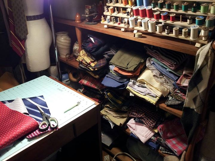 Stacks of reclaimed fabrics waiting to become Titanic Alley bowties.